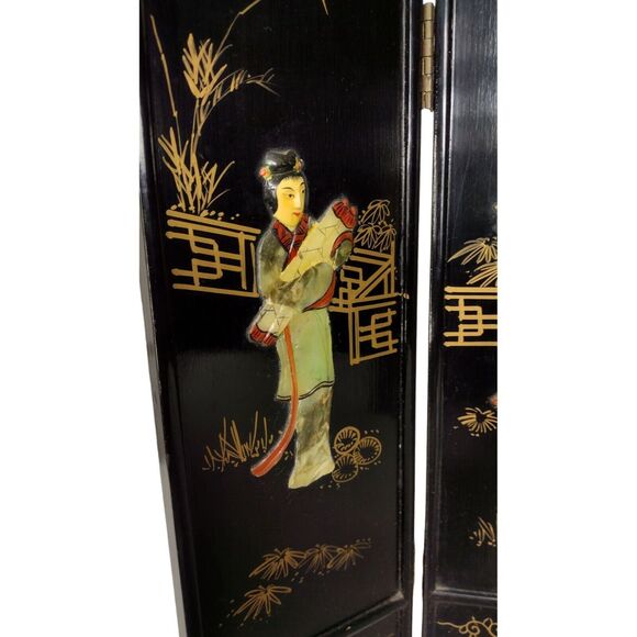 Vintage 1950s Geisha Lacquered Bamboo Abalone Paneled Tabletop Screen Divider - Picture 4 of 12